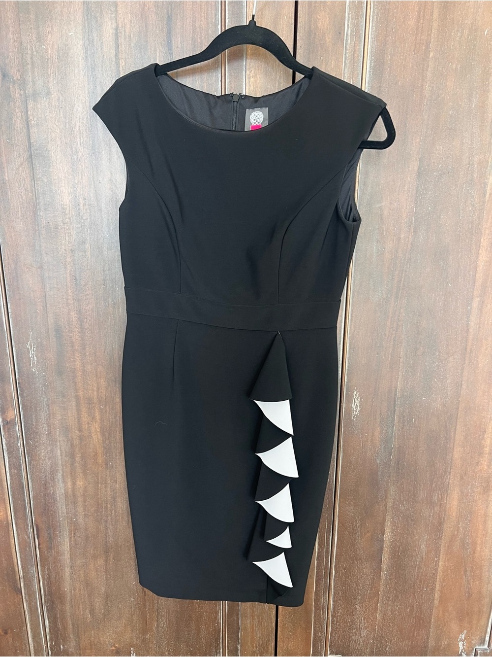 Vince Camuto Black Midi Sheath Dress with White Cascade Ruffle